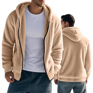 Viste dettagliate frontale e posteriore di una felpa con cappuccio in pile beige da uomo
