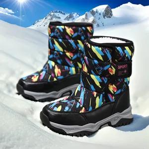 Kids Winter Snow Boots Boys Girls Fleece Lined Waterproof Outdoor Ankle Boots Graffiti Print Anti-Slip Warm Mid Calf Cotton Shoes