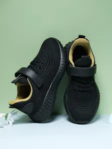 Children's lightweight breathable mesh sneakers with hook-and-loop strap in black and yellow
