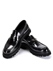 Glossy black patent leather loafers for men with platform sole and triangle logo