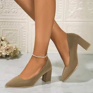 Side view of elegant khaki pointed toe block heel pumps for women's professional office wear