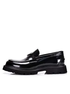 Side view of premium men's black patent leather loafers with thick lug soles and logo