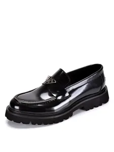 Detailed side view of men's black patent leather chunky loafers with iconic triangle logo.
