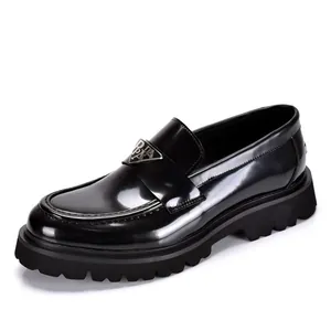 Men's Genuine Leather Thick Sole Loafers Breathable Business Casual Patent Leather Glossy Slip-on Height Increasing Dress Shoes Black