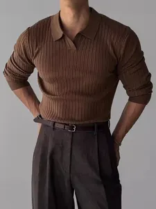 Ανδρικό Slim Fit Πλεκτό Πουλόβερ Πόλο Ριμπ Μακρυμάνικο Μινιμαλιστικό Μονόχρωμο Τοπ για Άνοιξη Φθινόπωρο Casual Μόδα