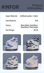 Details von Kinder-Mid-Top-Skateschuhen mit Materialien, Größen und vier Farbmöglichkeiten