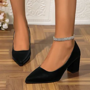 French Retro PU Leather Pointed Toe Block High Heels Women Business Career Office Shallow Mouth One-Step Slip-On Single Shoes