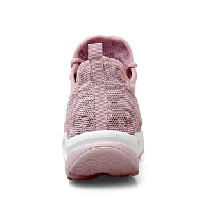 Detailed rear view of pink fly-knit rocker sole sneakers featuring thick white midsole