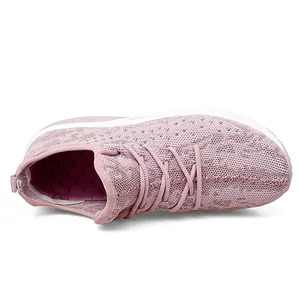 Detailed top view of pink breathable fly-knit mesh rocker walking shoes for women