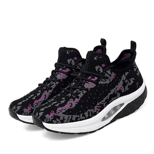 Stylish women's black knitted rocker shoes with pink patterns and air cushion sole