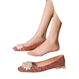Sparkling glitter square-toe bridal flats featuring an elegant pearl floral buckle
