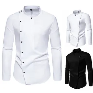 Camisa Casual para Hombre Tapeta Diagonal Irregular Cuello Alto Manga Larga Color Sólido Mezcla de Poliéster Moda Top