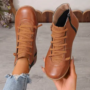 Bottines plates en similicuir marron pour femmes avec lacets et fermeture éclair latérale