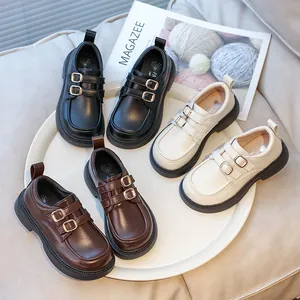 Mocassini da Ragazza in Pelle PU Stile Britannico Doppia Fibbia Suola Spessa Scarpe da Principessa per Scuola Spettacolo Quotidiano