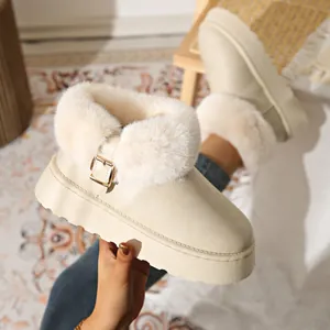 Women Winter Warm Snow Boots Thick Sole Faux Fur Trim PU Leather Short Boots With Metal Buckle Non-Slip Rubber Sole