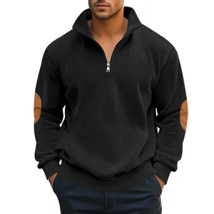 Herren-Sweatshirt aus schwerem Cordsamt mit halbem Reißverschluss und braunen Ellenbogenschonern