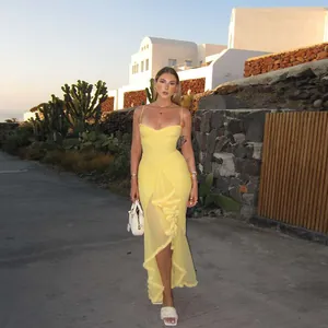 Elegant yellow mesh camisole maxi dress with ruffle trim and high slit for women