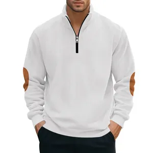 Herren-Sweatshirt aus schwerem Cord mit halbem Reißverschluss und Ellbogen-Patches