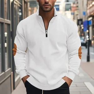 Weißes Herren-Cord-Sweatshirt mit halbem Reißverschluss, Stehkragen und Ellenbogen-Patches