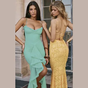 Detail of sexy backless mesh camisole maxi dress with ruffles and slim fit design