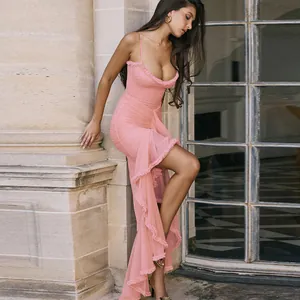 Elegant pink mesh ruffled maxi dress with spaghetti straps and bodycon fit for women