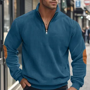 Herren Cord-Sweatshirt in Blau mit halbem Reißverschluss und Ellbogen-Patches