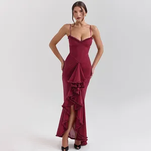Full view of an elegant wine red mesh strap long dress featuring intricate ruffle detailing