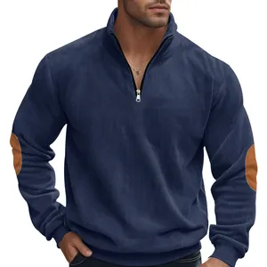 Detaillierte Ansicht des dunkelblauen Cord-Sweatshirts mit Reißverschluss und Ellbogen-Patches
