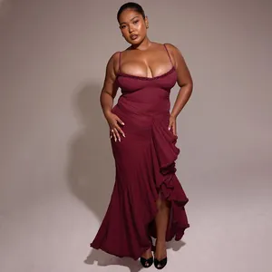 Sexy burgundy mesh camisole long dress with ruffled high-low hem and pleated bodice