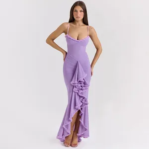 Full view of purple mesh camisole maxi dress showing ruffle slit and slim fit silhouette
