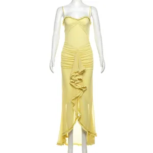 Elegant yellow mesh spaghetti strap maxi dress featuring ruched ruffles and tiered hem