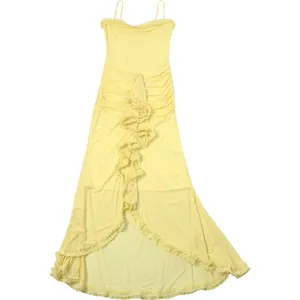 Detailed view of an elegant yellow backless mesh slip maxi dress with ruffles