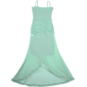 Detailed view of mint green mesh camisole dress with ruched bodice and ruffled trim