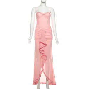 Detailed view of the elegant pink mesh camisole dress with ruffle accents