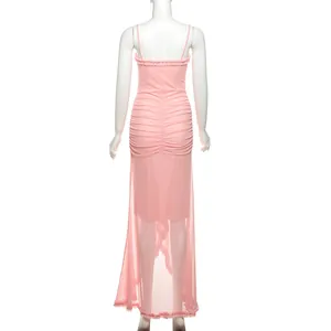 Elegant pink mesh backless camisole maxi dress showing back detail and pleated texture