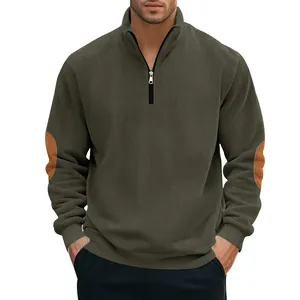 Professionelles Herren Cord-Sweatshirt mit halbem Reißverschluss und braunen Ellbogen-Patches