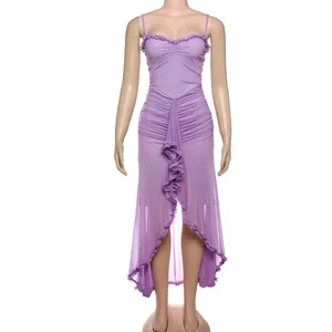 Front view of a purple mesh maxi dress with ruffled high-low hem and slim fit design.