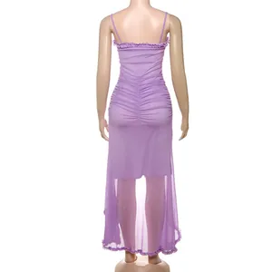 Back view of a purple mesh slip maxi dress featuring sexy backless and elegant ruched details