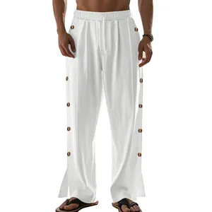 Pantalon en lin blanc décontracté pour homme avec cordon de serrage et boutons.