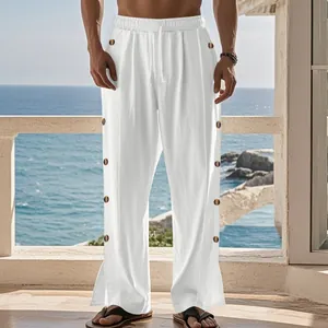 Pantalon en lin blanc pour homme avec boutons latéraux et taille à cordon réglable