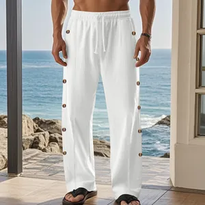 Pantalon en lin blanc pour homme avec boutons latéraux et taille à cordon coulissant