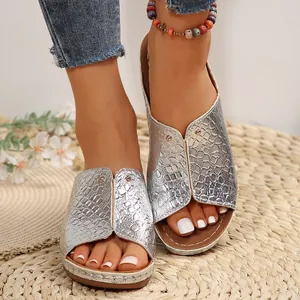 Pantuflas de Cuña con Punta Abierta para Mujer en Cuero de PU con Patrón de Cocodrilo Estilo Occidental Tallas Grandes Sandalias de Playa