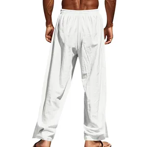 Vue arrière d'un pantalon en lin blanc pour homme avec taille élastique