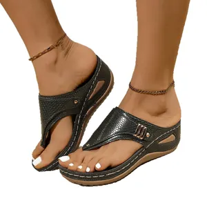 Women's wedge thong sandals with snake pattern texture and thick platform soles for summer