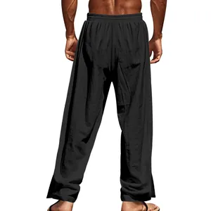 Vue arrière du pantalon en lin noir ample pour hommes avec fentes latérales