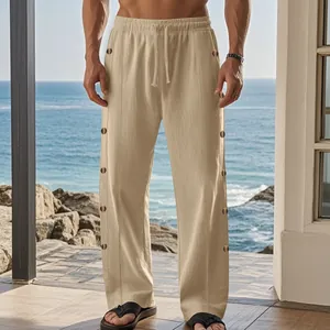 Pantalon décontracté en lin pour homme avec cordon de serrage et boutons latéraux