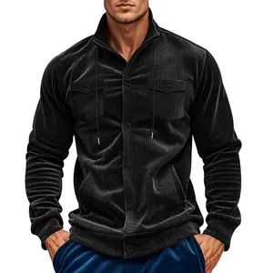 Detailed view of men's black corduroy jacket with retro multi-pockets and ribbed cuffs