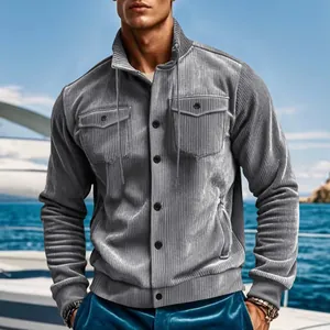 Detail view of a men's retro grey corduroy work jacket with multi-pocket design