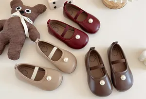 Soft sole girls pearl Mary Jane shoes available in burgundy beige and brown colors