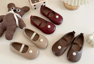 Soft leather girls Mary Jane shoes in multiple colors with elegant pearl accents